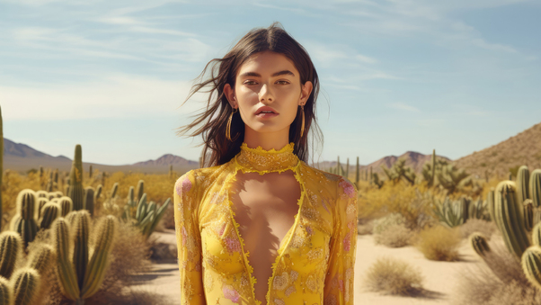 A Girl Standing Alone In The Desert Wearing A Vibrant Yellow Dress Wallpaper