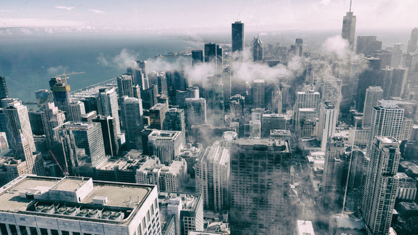 Aerial View Of Buildings Smoke Fog Monochrome Wallpaper