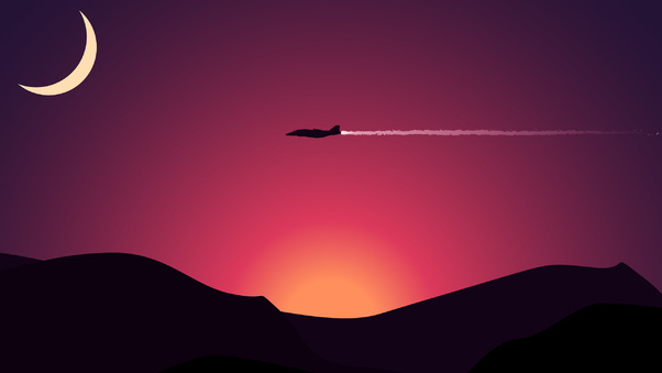 Aircraft Moon Mountains Sunset Wallpaper