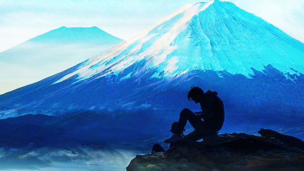 Alone Boy Sitting At Mountain Cliff 4k Wallpaper