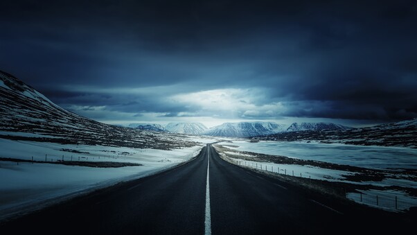 Alone Road Snow Cold Open Sky Mountains Wallpaper