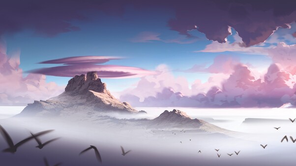 Alpha Mountains Down Birds Clouds Digital Painting 4k Wallpaper