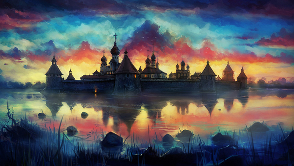 Amazing Painting Monastery Sky Wallpaper