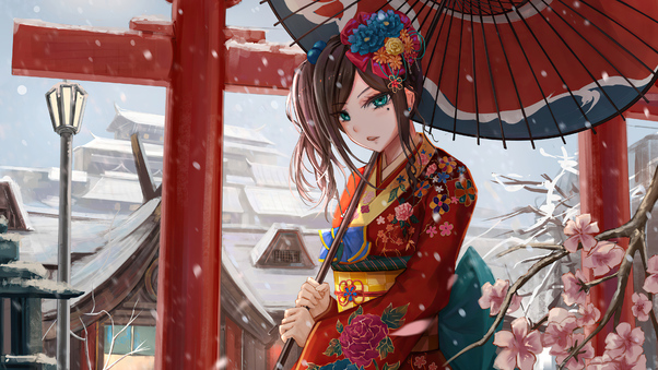 Ancient Asian Girl With Umbrella 4k Wallpaper