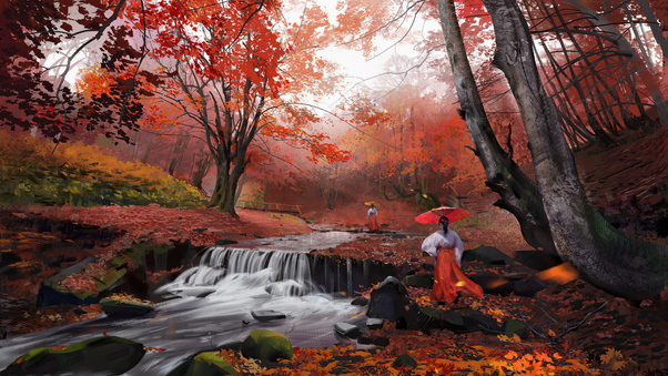 Ancient Asian Girls Morning Walk In Autumn 4k Wallpaper