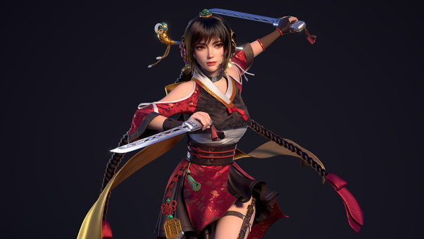 Ancient Asian Warrior Girl With Two Swords Wallpaper