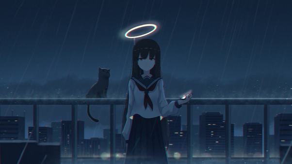 Angel Anime Girl School Uniform Cat Rain Wallpaper