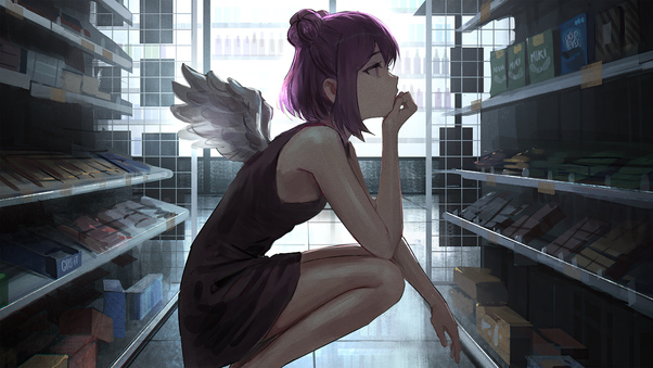 Angel Girl In Grocery Market With Little Wings Wallpaper