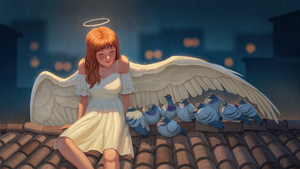 Angel Girl On Rooftop Savings Birds From Rain (1336x768) Resolution Wallpaper