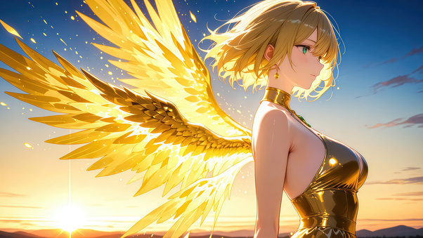 Angel Girl With Golden Wings At Sunset (1336x768) Resolution Wallpaper