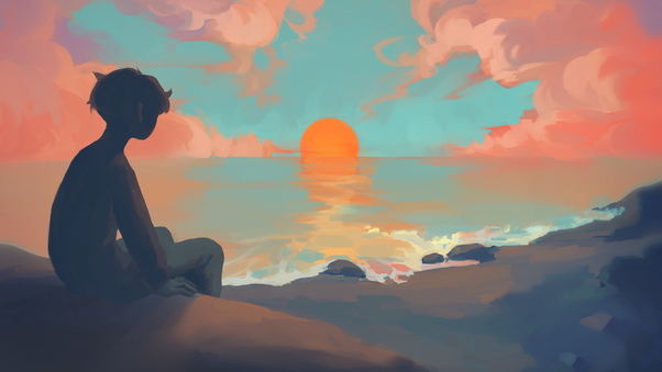 Anime Boy Sitting Watching Sunset Wallpaper