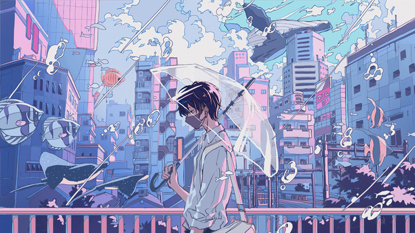 Anime Boy Umbrella Underwater Fantasy Wallpaper