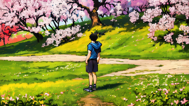 Anime Boy Under Sakura Tree Wallpaper