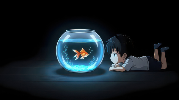 Anime Boy With Goldfish Bowl (2560x1440) Resolution Wallpaper