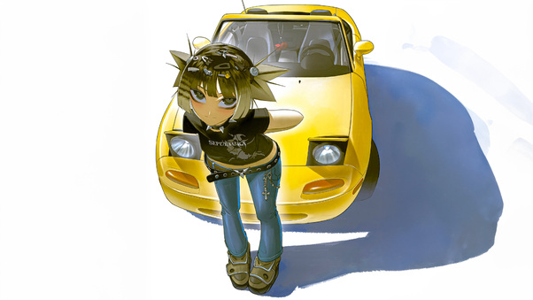 Anime Character Girl With Car Minimal 4k Wallpaper