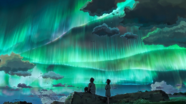Anime Couple Looking At Aurora Sky 8k Wallpaper