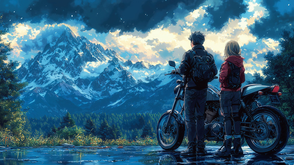 Anime Couple On Bike Together On The Peaks (3000x2000) Resolution Wallpaper