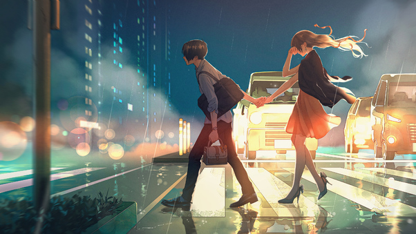 Anime Couple Passing Road Wallpaper