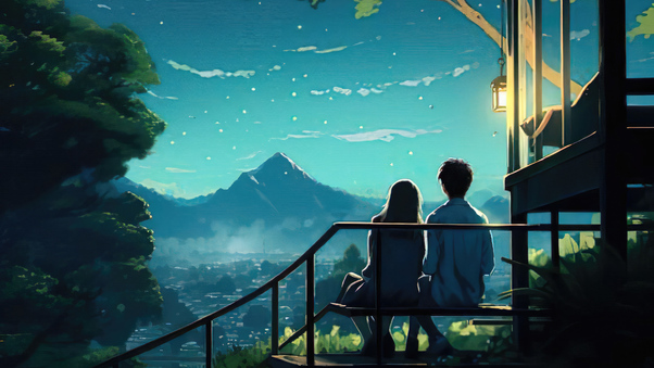 Anime Couple Sitting On Bench Looking At Landscape Wallpaper