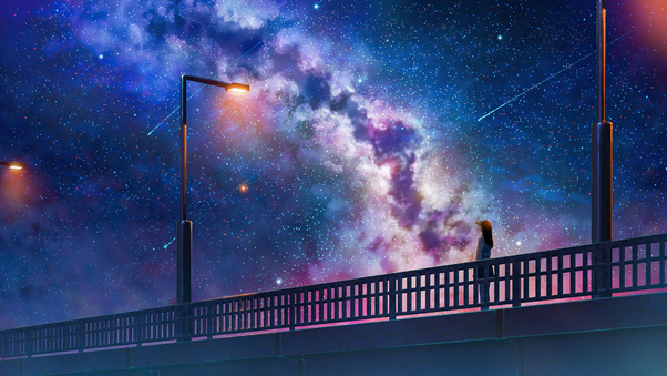 Anime Girl Alone At Bridge Watching The Galaxy Full Of Stars 4k Wallpaper