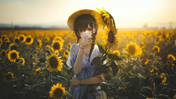 Anime Girl Among Sunflowers Wallpaper