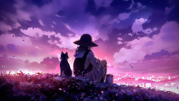 Anime Girl And Cat Watching The Sunset Wallpaper