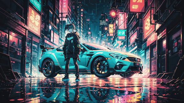 Anime Girl And Her Mercedes In The Neon Cityscape Wallpaper