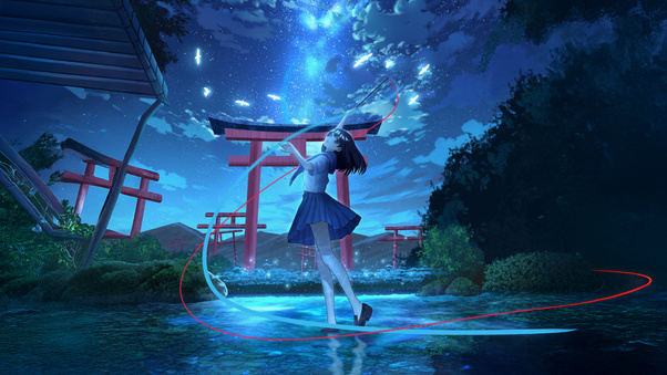 Anime Girl At Illuminated Shrine (1280x720) Resolution Wallpaper