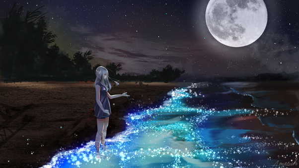 Anime Girl At Seashore Dark Moon Wallpaper
