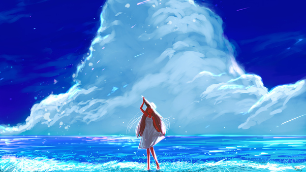 Anime Girl Beach Happy Long Hair Clouds 4k Wallpaper