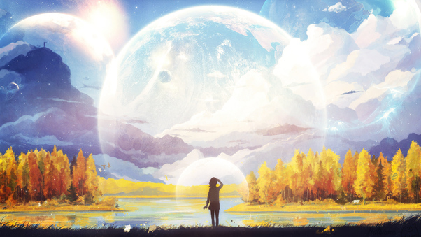 Anime Girl Big Moon Planet 4k Wallpaper