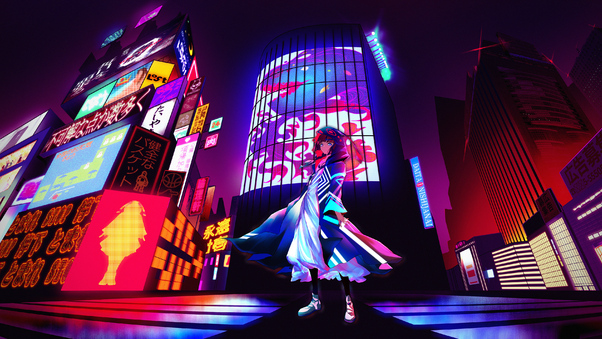 Anime Girl Billboard Neon City 4k Wallpaper