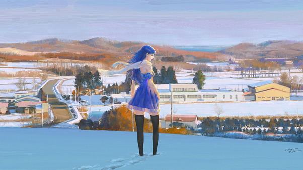 Anime Girl Blue Dress In Snow 4k Wallpaper