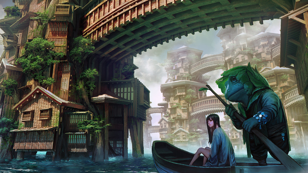 Anime Girl Boat Travelling Dreamy World 4k Wallpaper