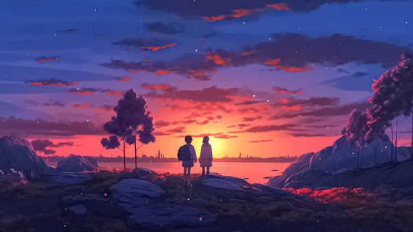Anime Girl Boy Sunset At Lake 5k Wallpaper