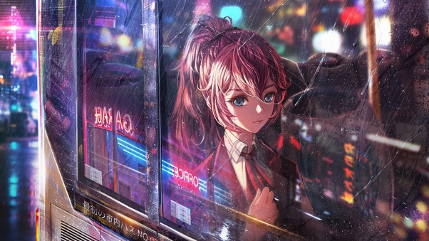 Anime Girl Bus Window Neon City 4k Wallpaper