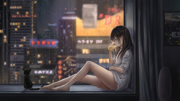 Anime Girl Cat Raining 4k Wallpaper