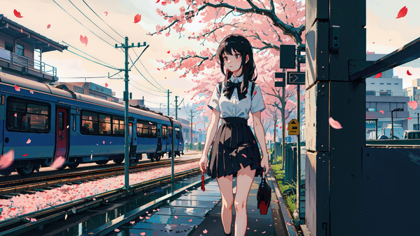 Anime Girl Cherry Blossom Train Looking Away 4k Wallpaper