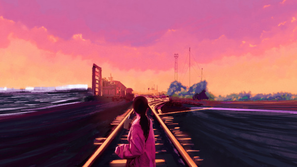 Anime Girl Chill Time With Starbucks On The Train Track Wallpaper