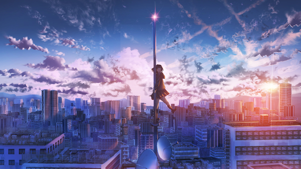 Anime Girl City Building Height 4k Wallpaper
