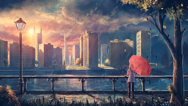 Anime Girl Cityscape Umbrella Trees Wallpaper
