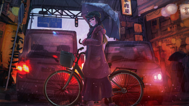 Anime Girl Cyle Rain Umbrella Wallpaper