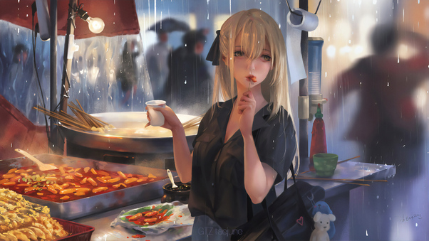 Anime Girl Eating Street Food 4k Wallpaper