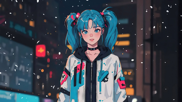 Anime Girl Embraces Snowy City Wallpaper