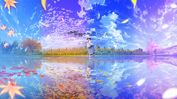 Anime Girl Enjoying Blossom Wallpaper