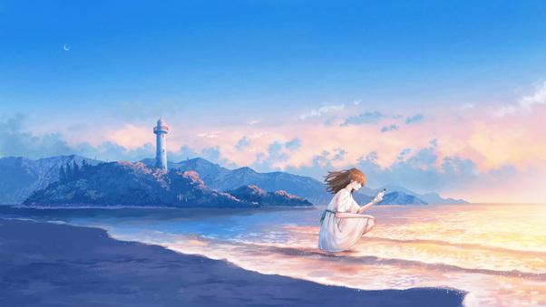 Anime Girl Evening Beach Crescent Moon Wallpaper
