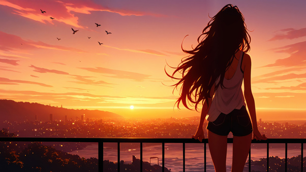 Anime Girl Evening Breeze And City Lights (2560x1080) Resolution Wallpaper