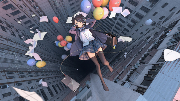 Anime Girl Falling School Uniform Balloon 4k Wallpaper