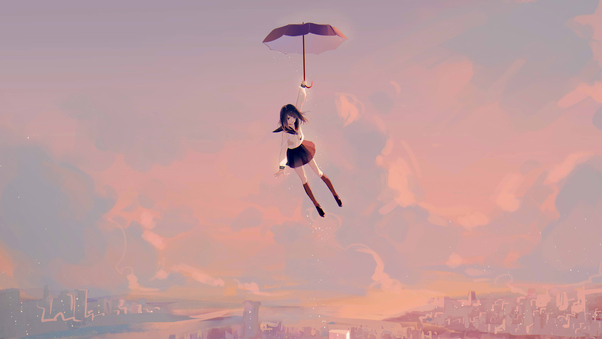Anime Girl Flying With Umbrella 4k Wallpaper