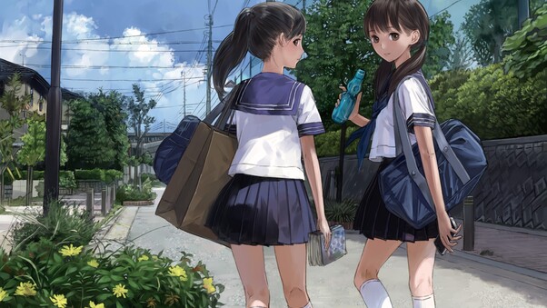 Anime Girl Going School In Uniform Wallpaper